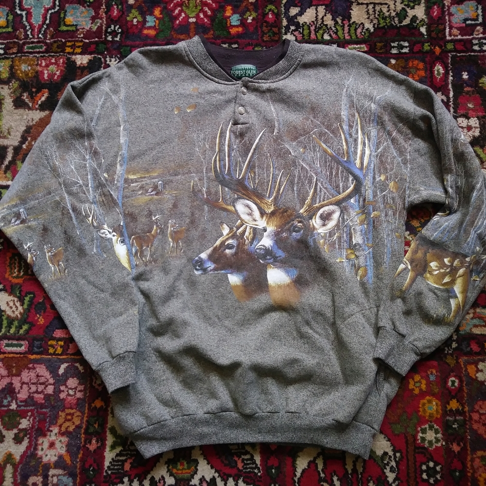 Vintage Nature Print Sweat Shirt Pockets Deer